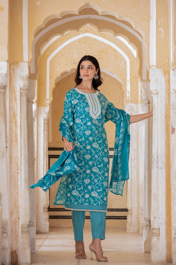 Varanga Women Blue Printed Round Neck Straight Kurta With Bottom And Dupatta